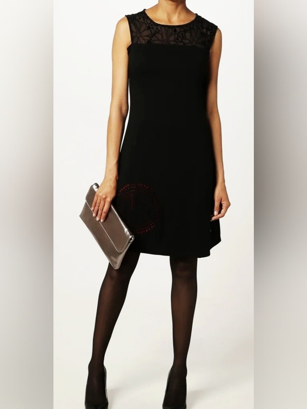 Desigual Laser Cut Fit And Flare Little Black Dress With Red Lining Small/Medium